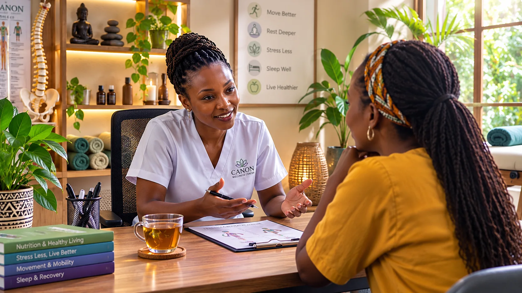A Canon Wellness practitioner listening to a client during a consultation